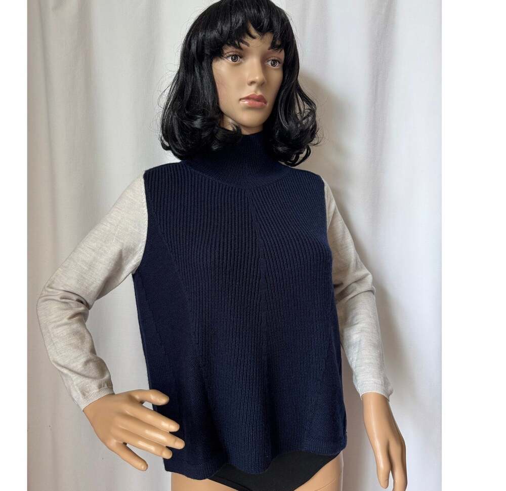 Karen Millen Mock Neck Wool Blend Sweater navy gray sleeves small